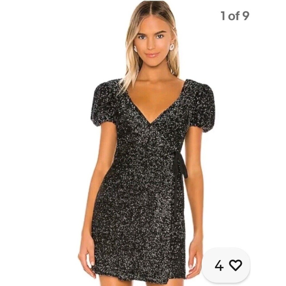 NWT Lovers & Friends Gianna Black Sparkle Wrap Mini Dress Size Medium